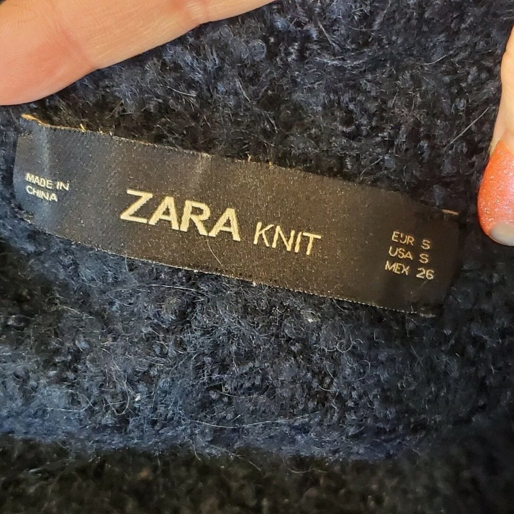 Zara Knit Dark Blue Vneck Sweater Fuzzy Pockets Wool Mohair Blend Size Small - Picture 6 of 8